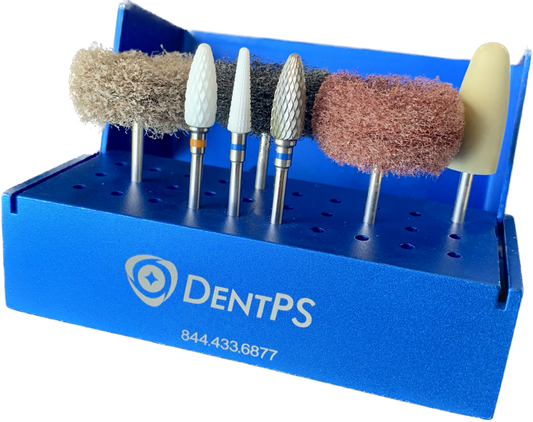 Chairside Removables BloQ HACR.QBC — acrylic reprocessing kit: zirconium bur, cone bur, M/F/UF buffs, high-shine polisher and refills in the aluminum BloQ case