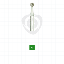 Load image into Gallery viewer, ZDR801/014C high-strength ceramic adjustment and endo access round diamond — coarse grit, green/white stripe shown; 1.4 mm head, pack of 5 burs on the DentPS engineering grid